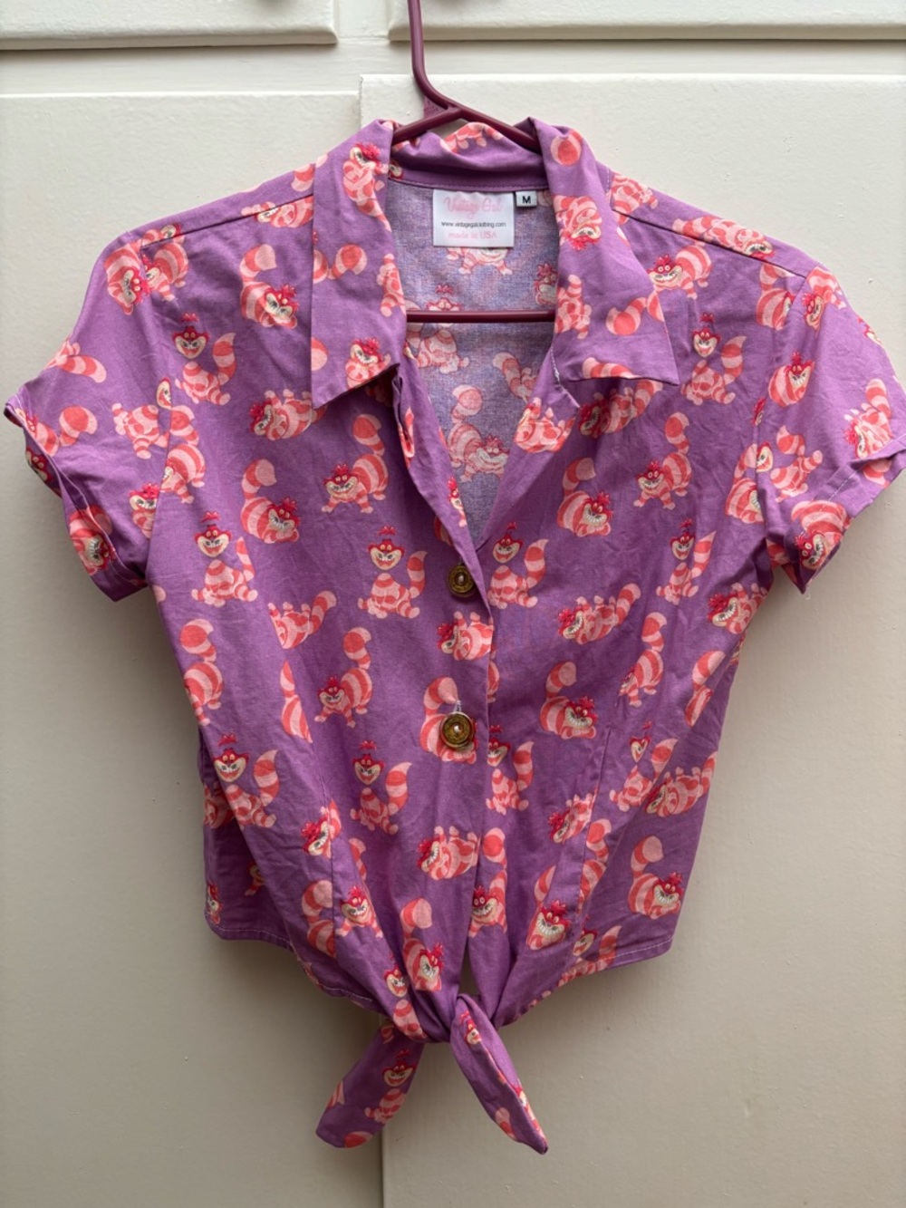 Vintage Purple Pink Cheshire Cat Tie-Front Blouse